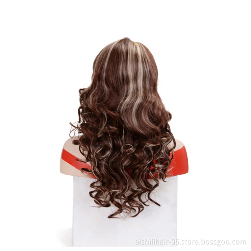 Wholesale brown fluffy synthetic wigs lace frontal wig deep curly and spring wave for the woman Top quality lace front wigs
